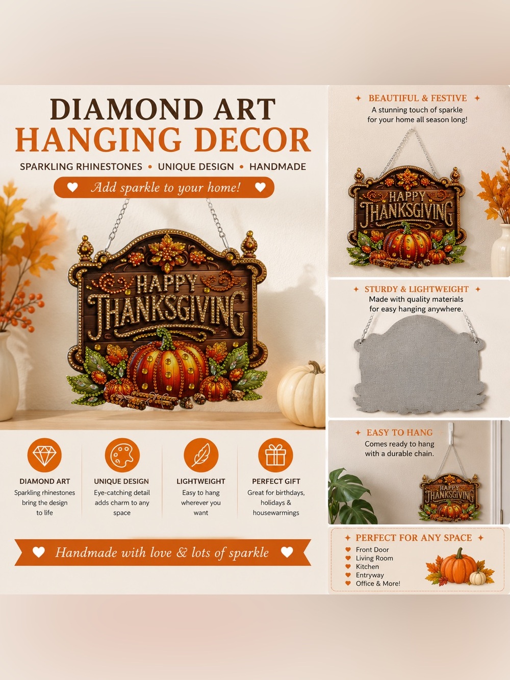 Diamond Art Happy Thanksgiving Hanging Decor - Sealed
